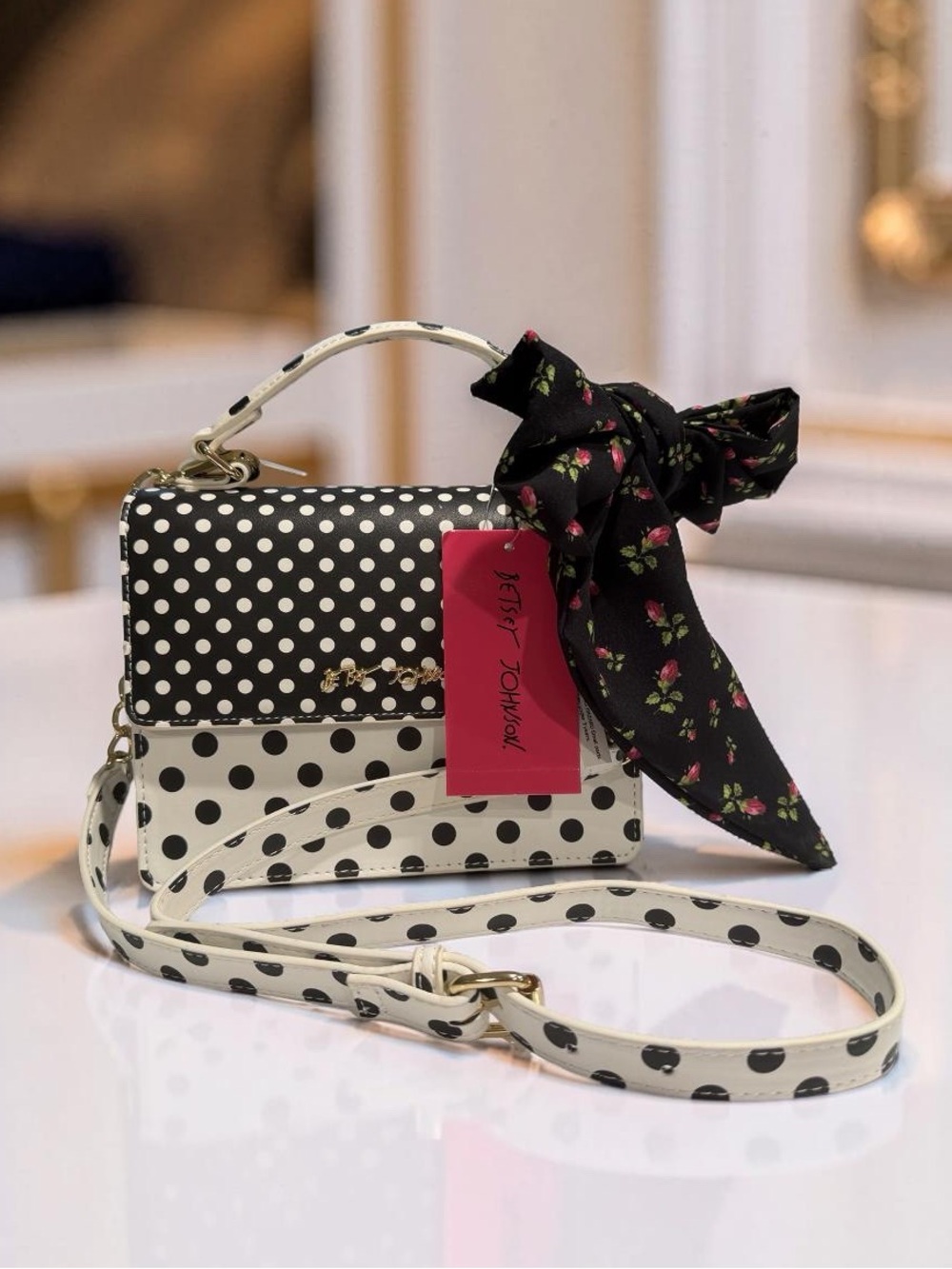 Betsey Johnson NWT Black & White Polka Dot Crossbody with Floral Bow (P244) - Picture 12 of 12